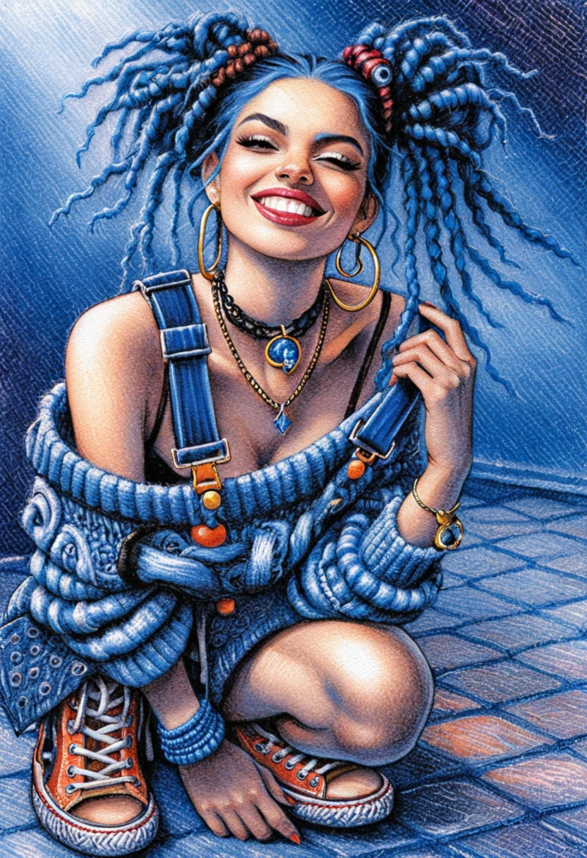 Chica juguetona con rastas azules en ilustración urbana colorida