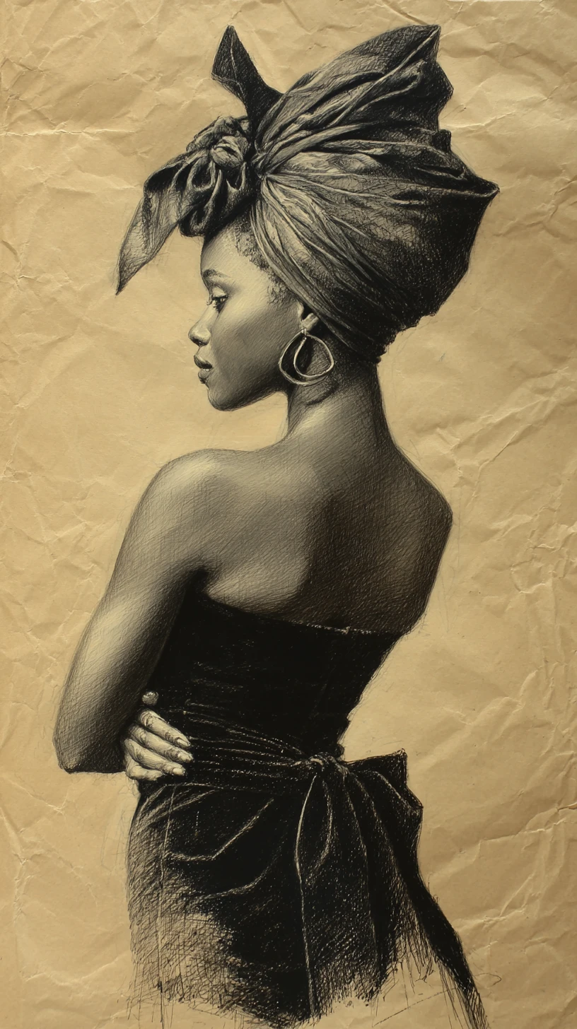 Charcoal bust portrait of a young woman in headscarf
