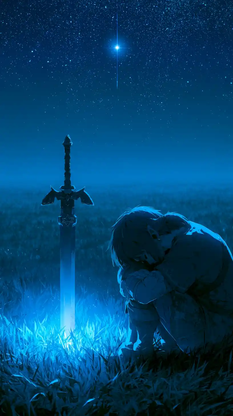 Hero kneeling beside a glowing sword under starry night