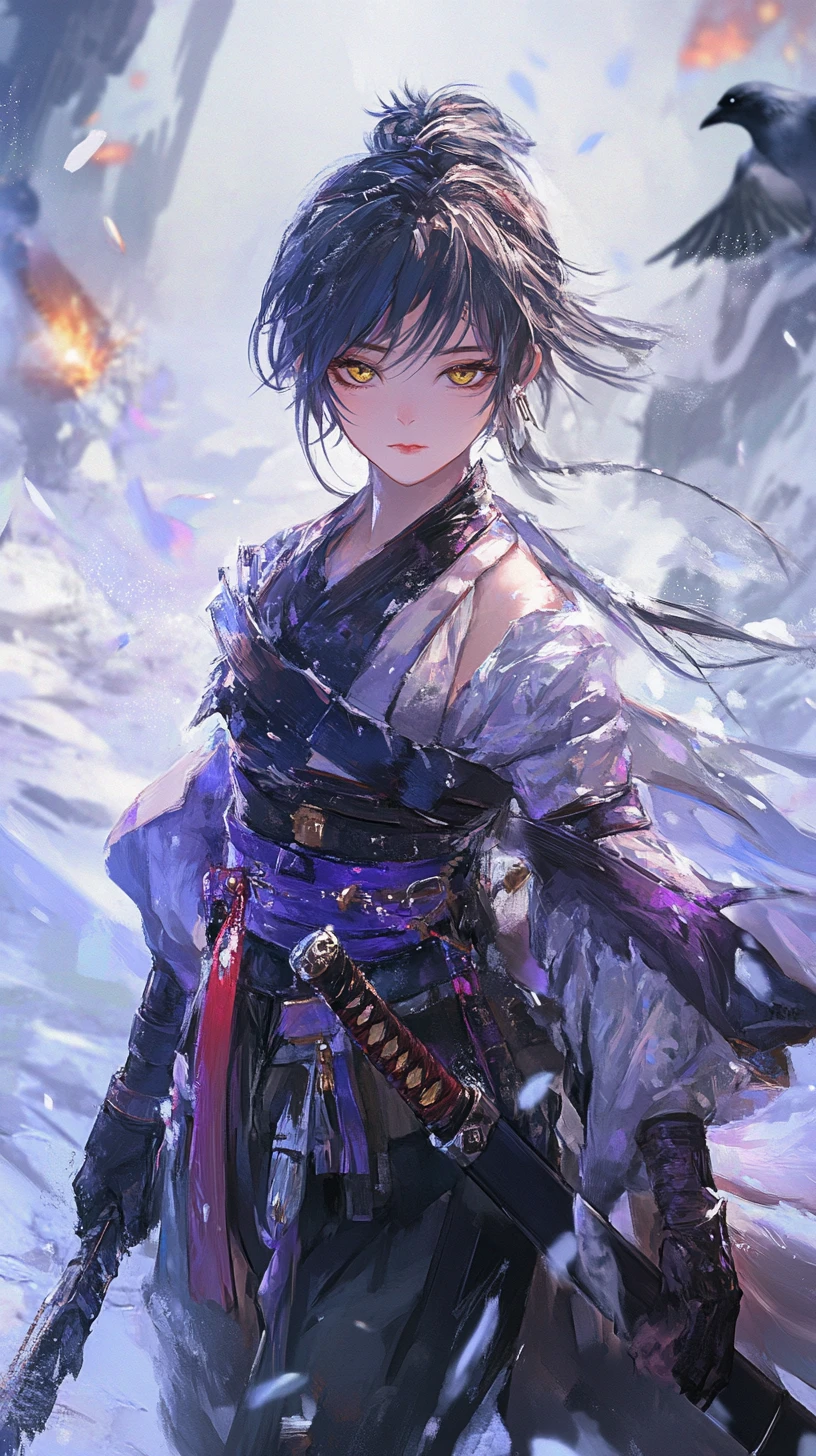 Fille d’anime avec tenue flamboyante et yeux jaunes