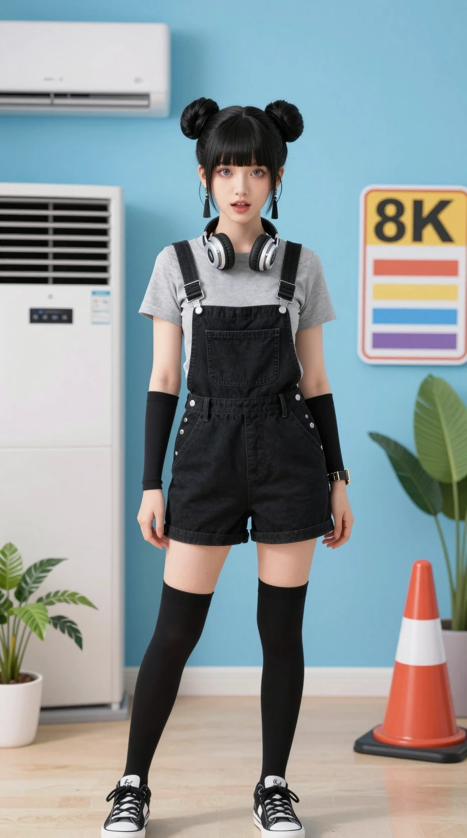 Anime-Mädchen im Freizeitlook mit Pflanzen und blauem Hintergrund