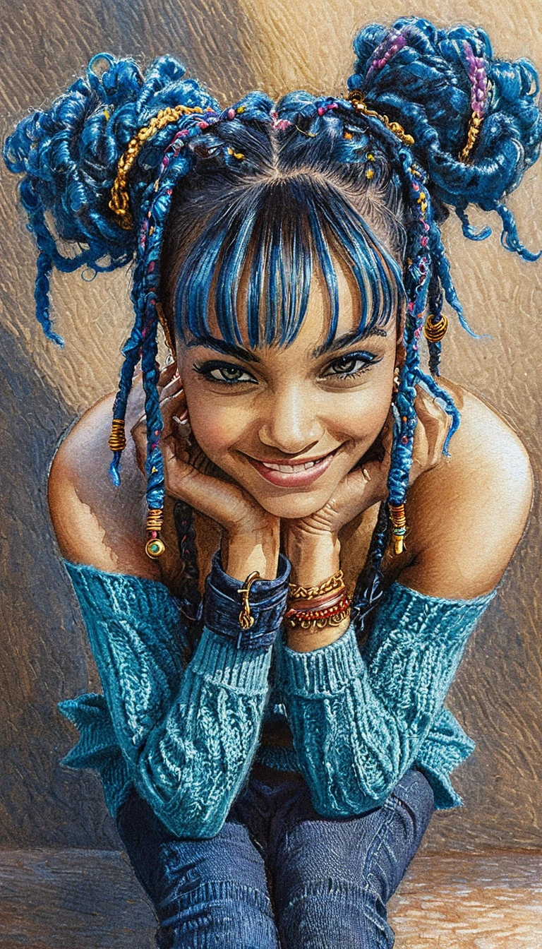 Playful girl in turquoise knitwear crouching on urban pavement