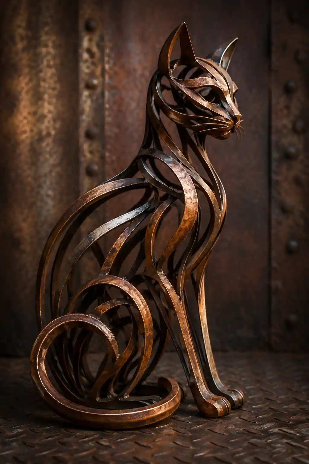 Elegant metal cat sculpture against textured industrial wall