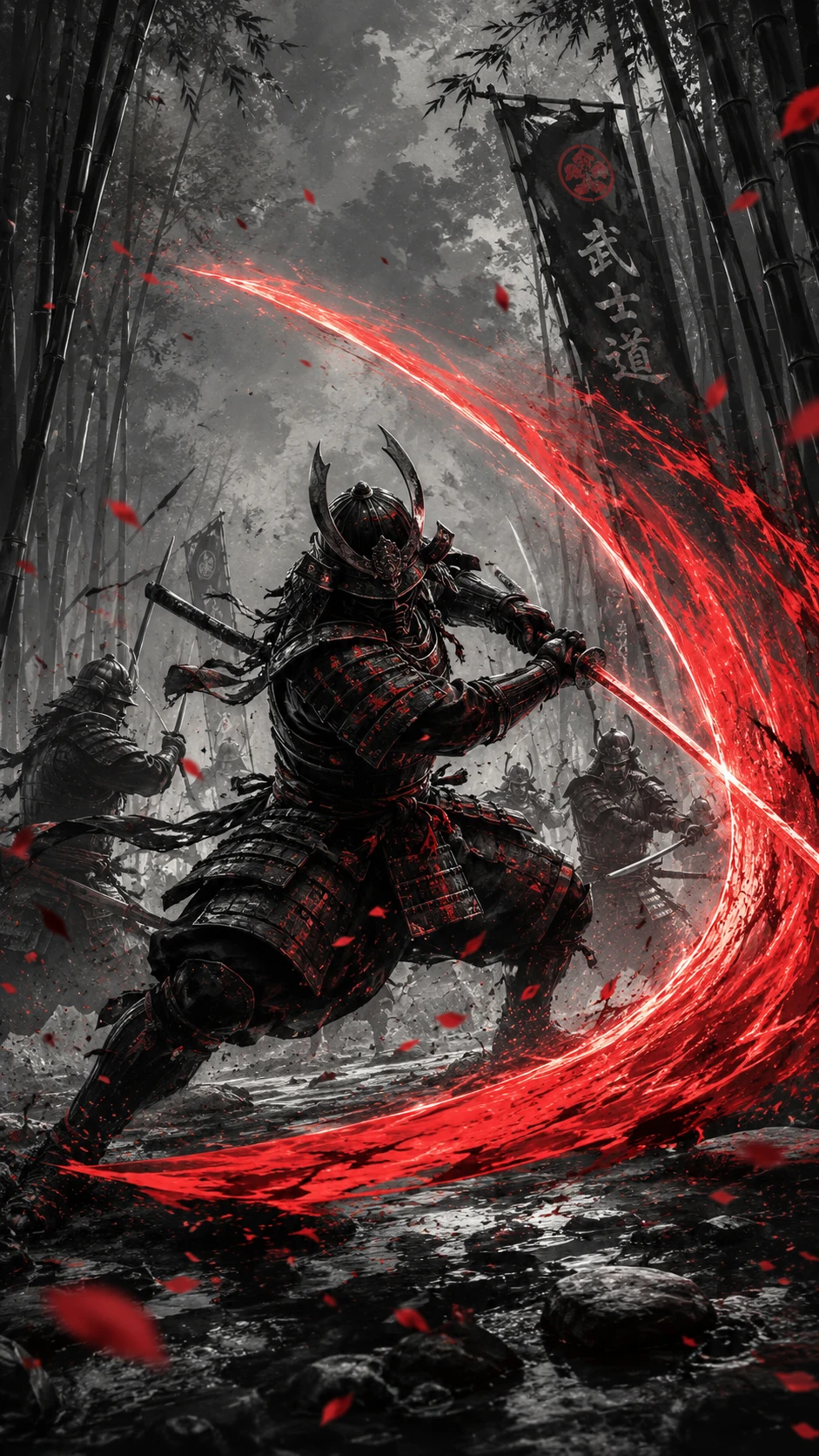 Guerreiro samurai liberando energia carmesim em floresta de bambu