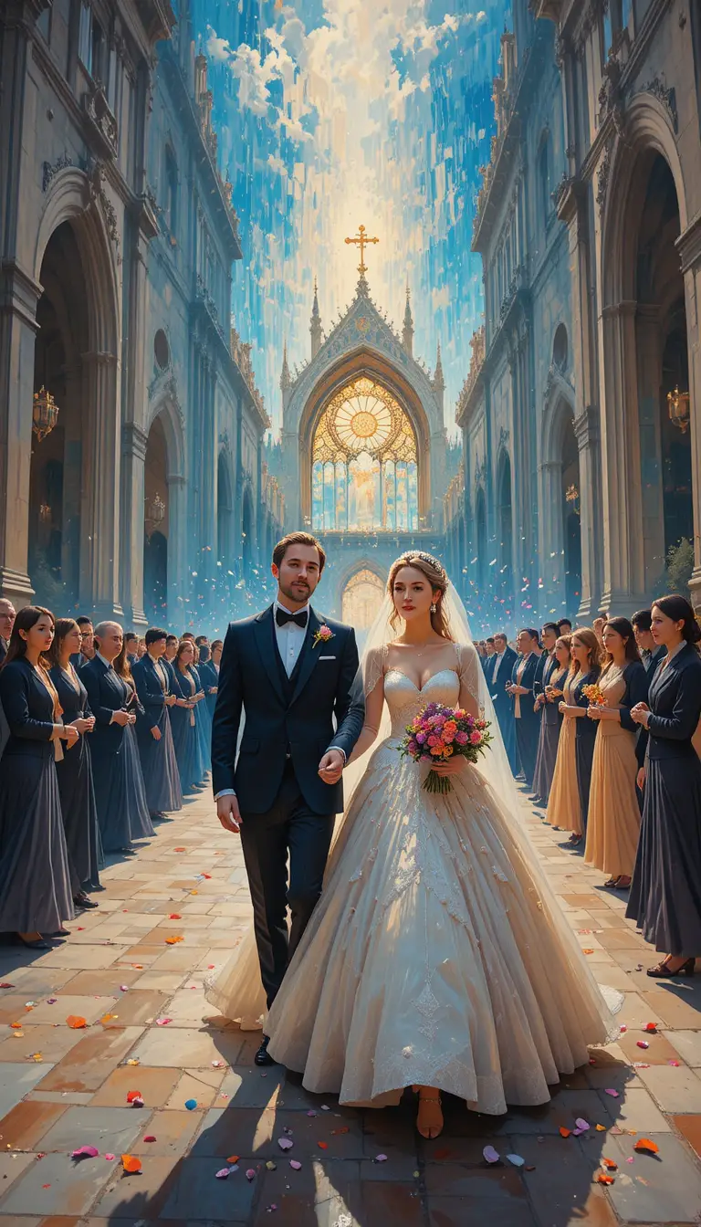 Casal recém-casado saindo da igreja sob uma luz dourada