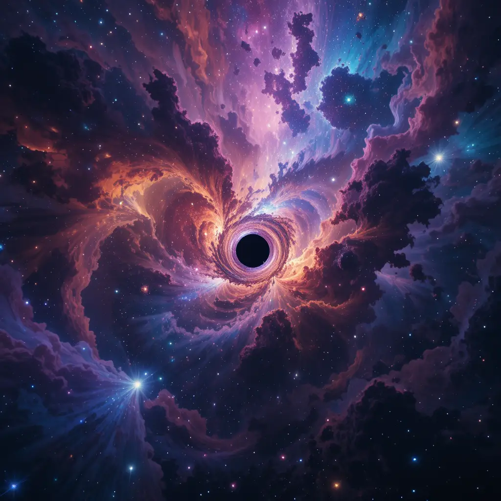 Kinematische Tiefenraumansicht mit leuchtenden Galaxien und Nebeln