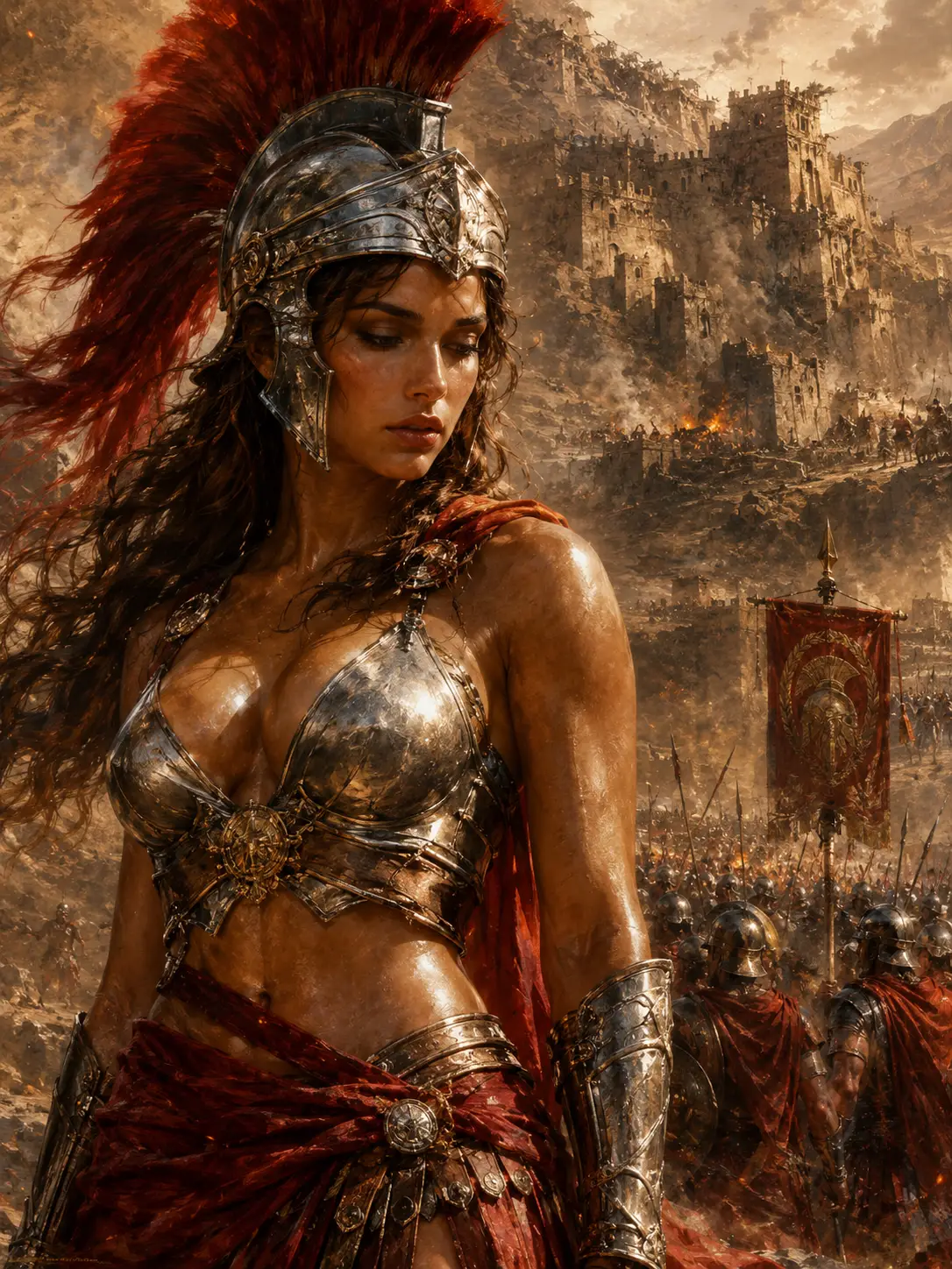 Serene female warrior in silver helm before desert stronghold