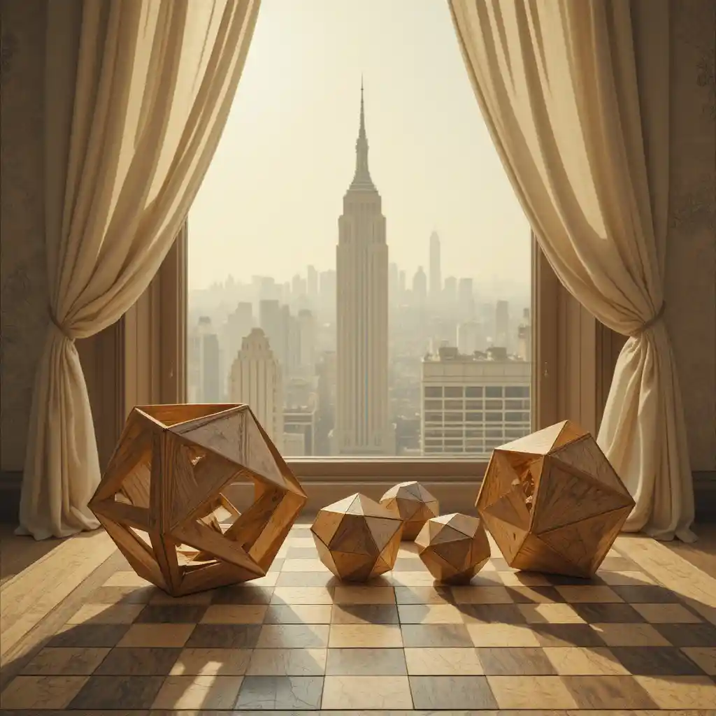 Geometric wooden polyhedra on chessboard in golden light