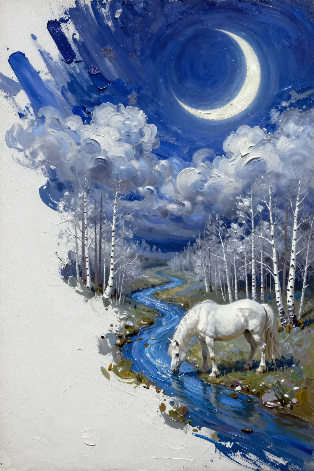 白馬與新月的超現實河岸景觀