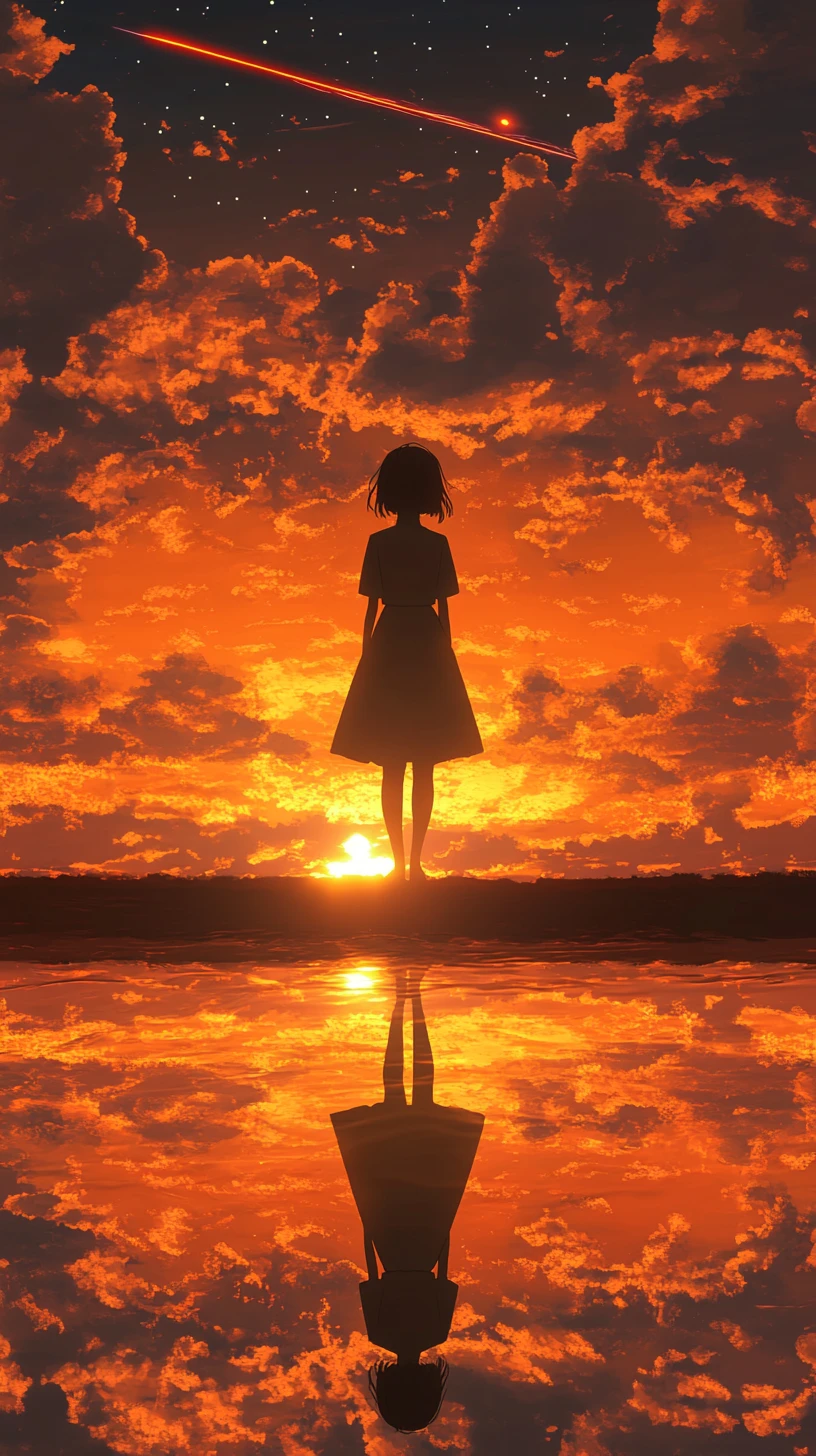 橘色夕陽下海邊的動漫女孩