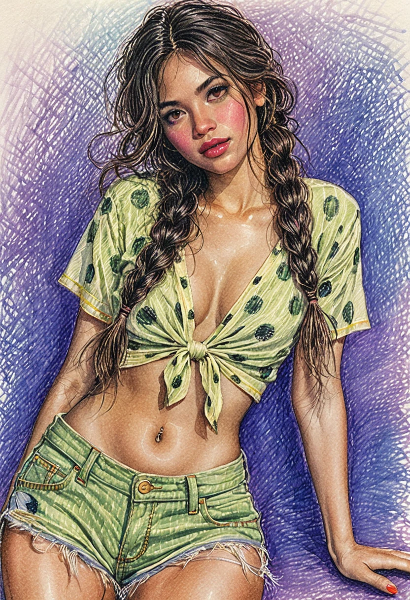 Ritratto a matite colorate di una ragazza con trecce scure