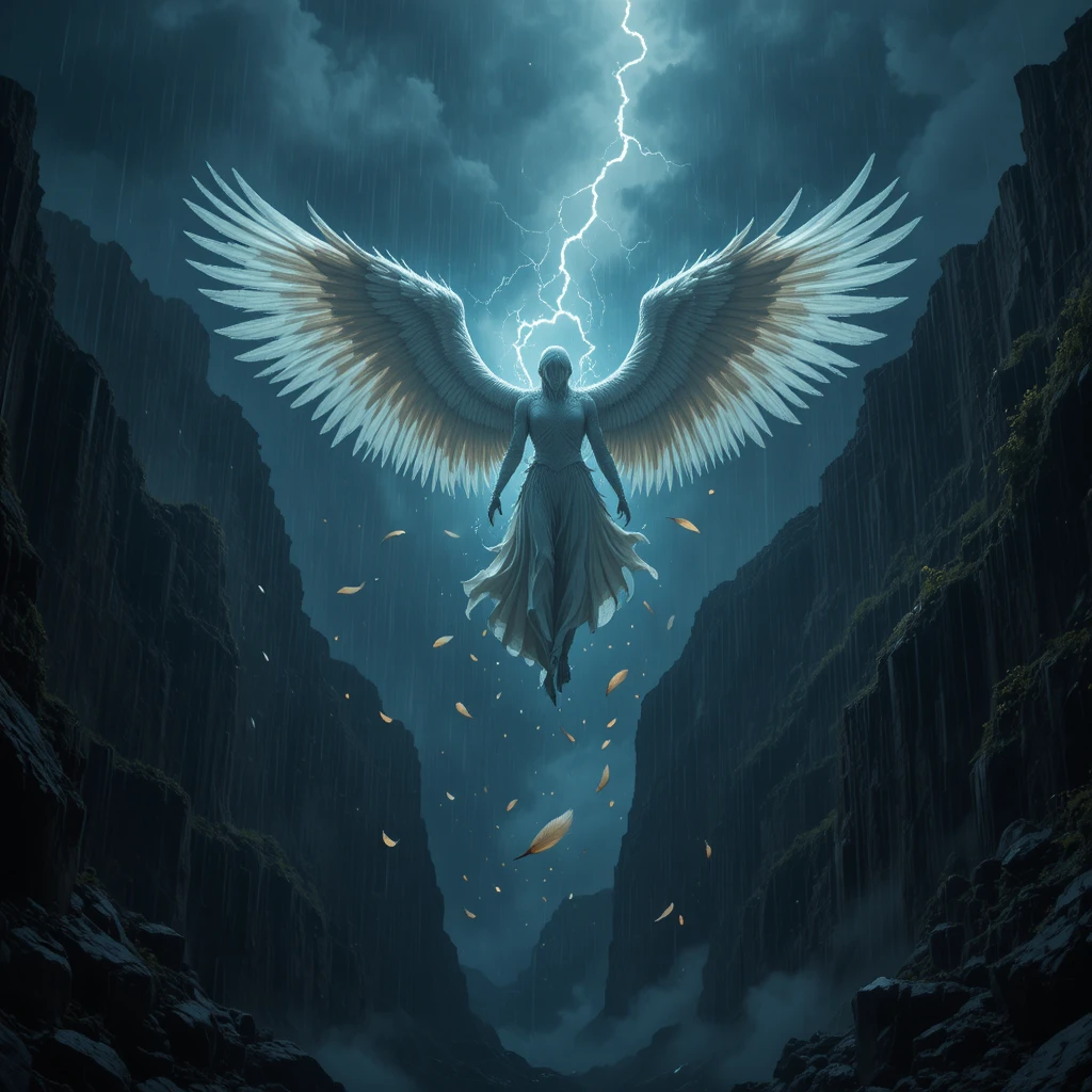 Anjo caído despencando pelo céu tempestuoso em um desfiladeiro