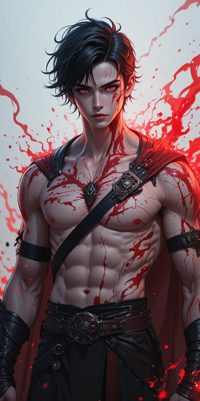 Jovem guerreiro de anime com marcas vermelhas e aura brilhante
