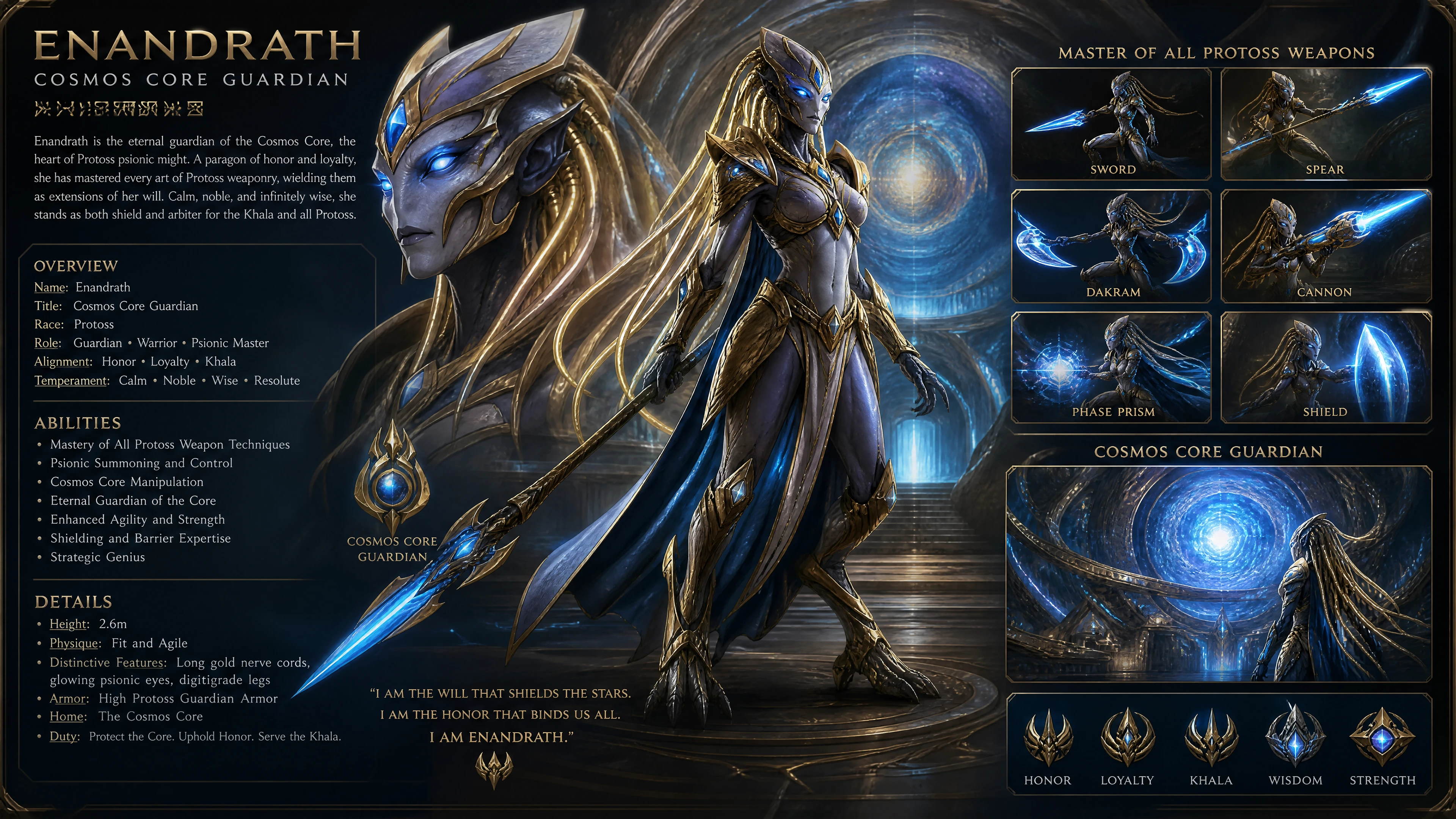 Guerriera protoss dall’aspetto femminile con occhi psionici luminosi in armatura