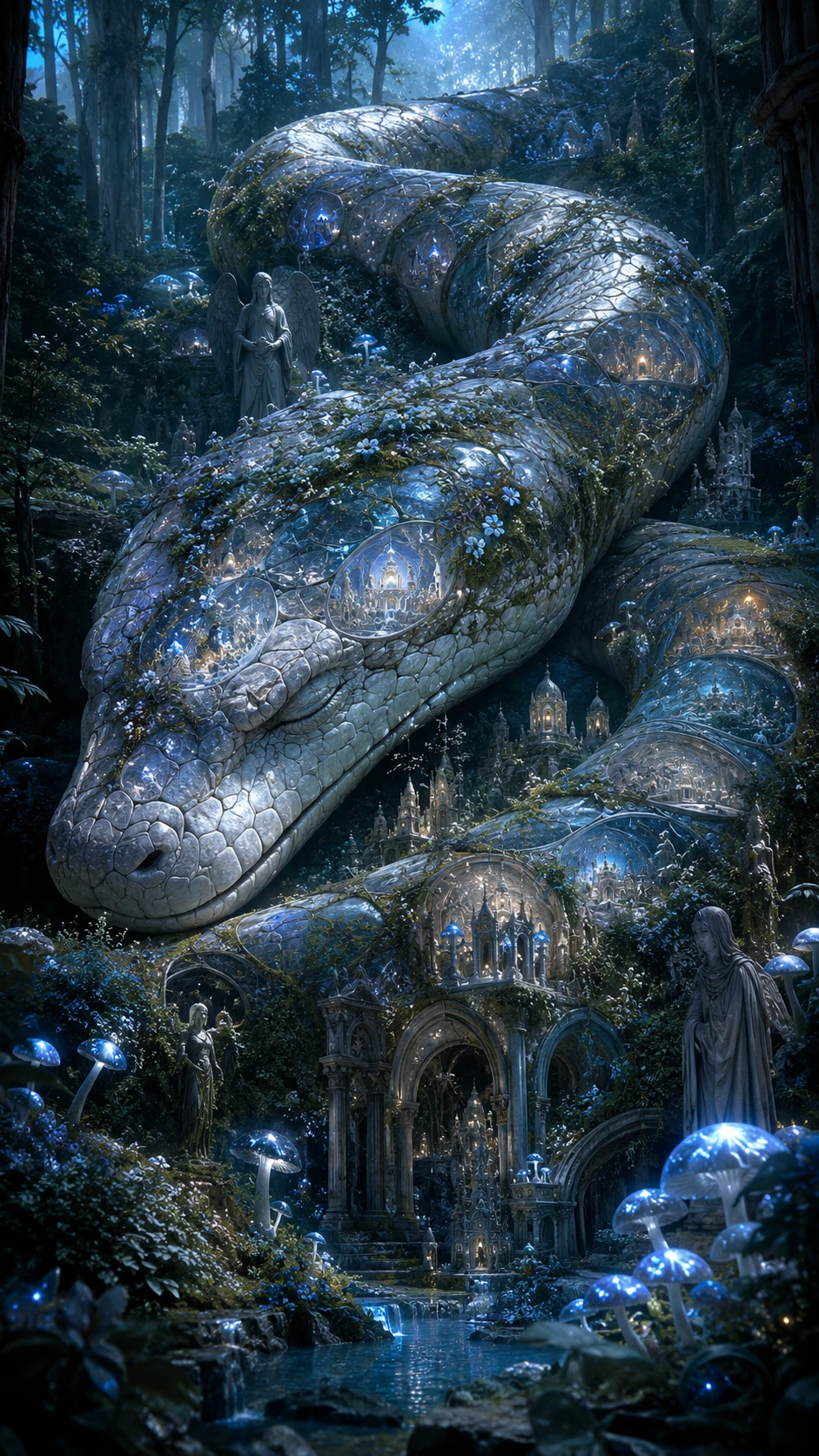 Serpente colossal dormindo sob uma antiga floresta de mármore