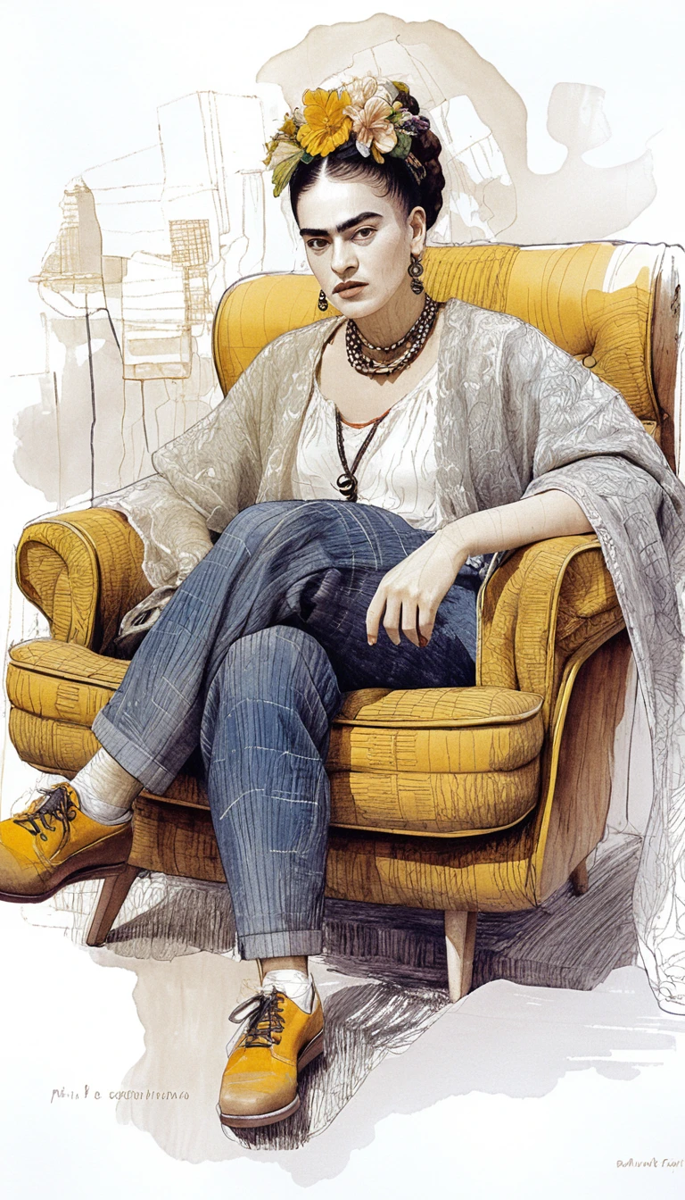 Femme inspirée de Frida en portrait à l’encre sur fauteuil lounge