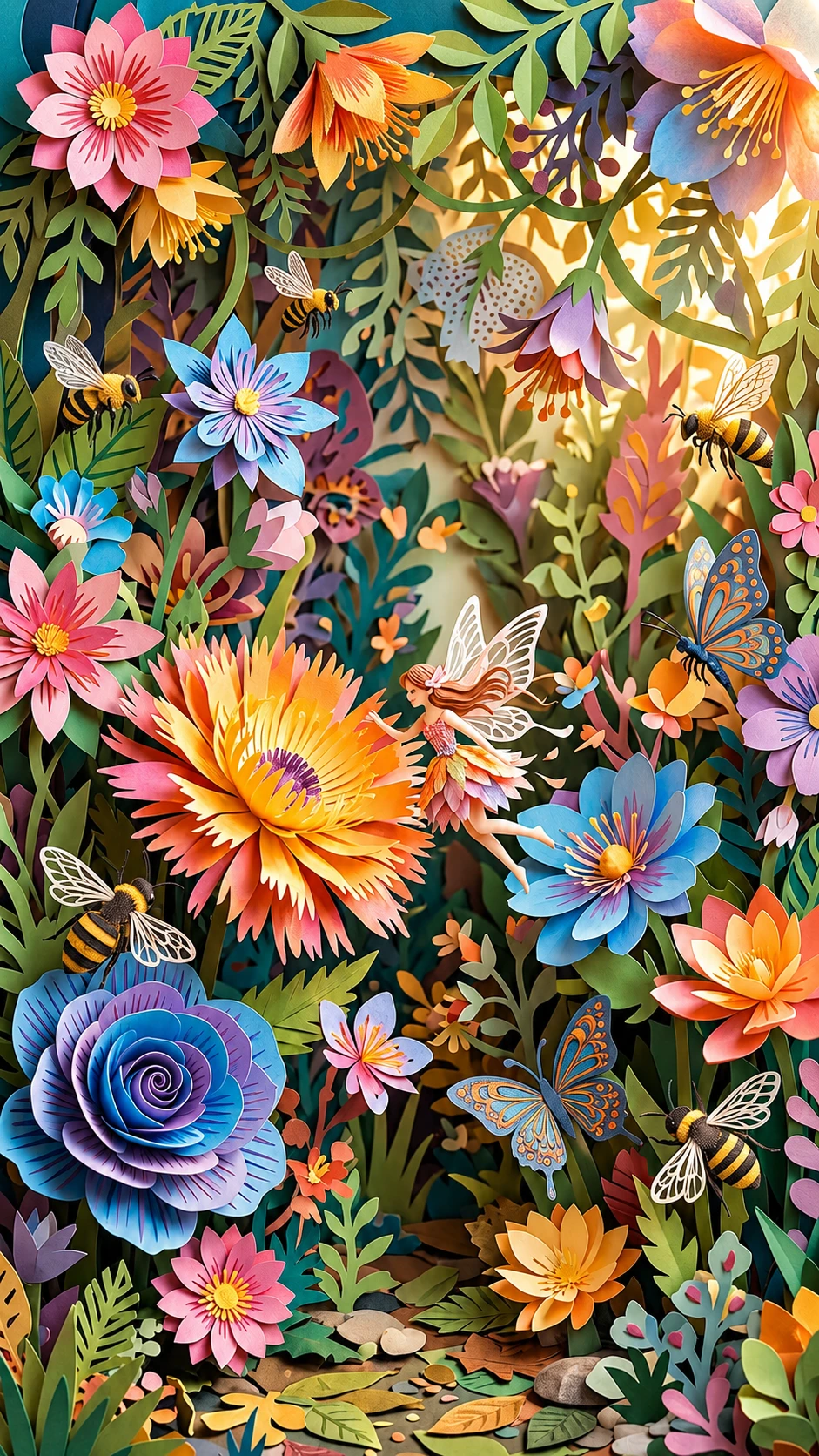 Verspielter Papiergarten mit Fee und übergroßen Blumen