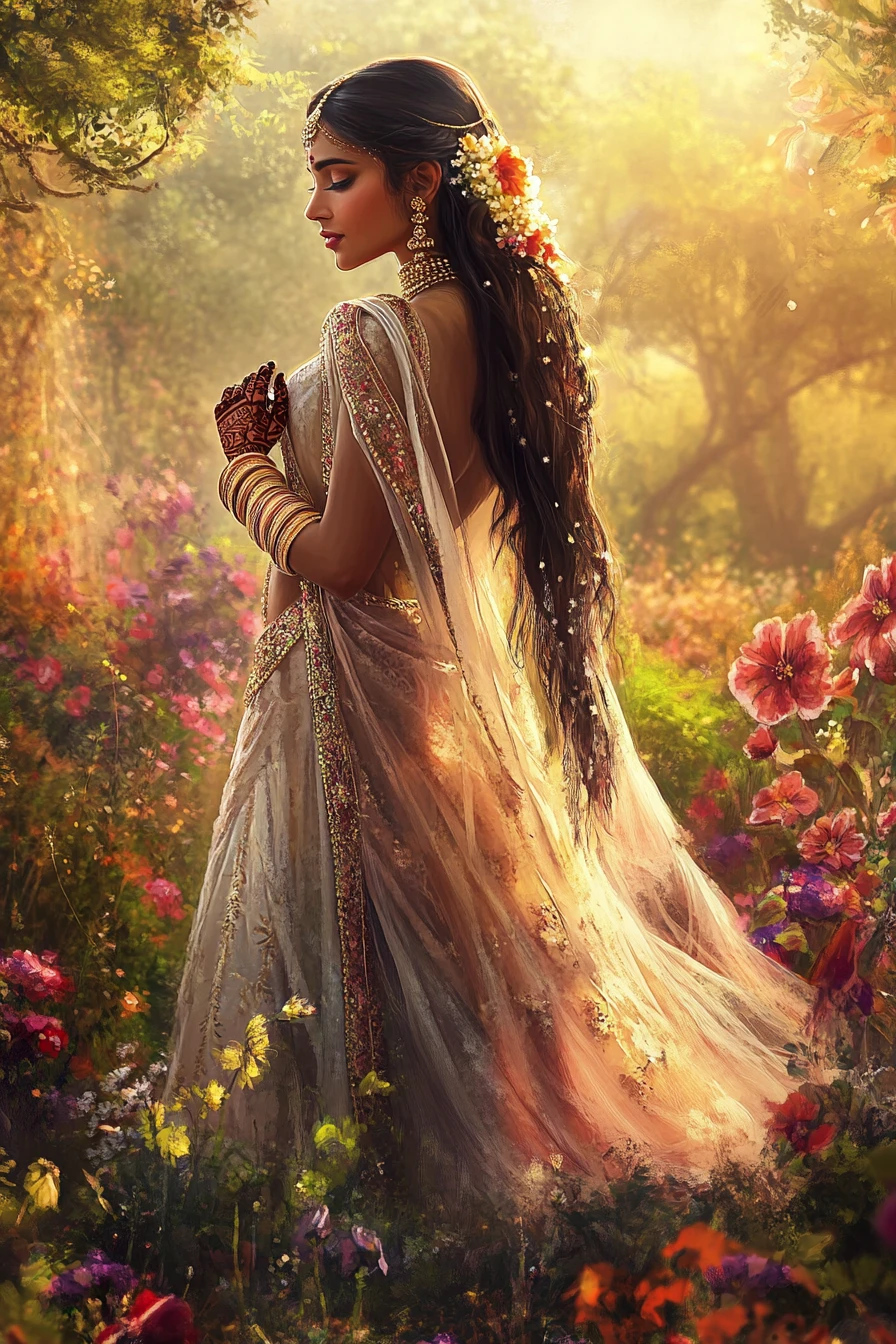 Princesa indiana em traje de noiva em um jardim ao pôr do sol