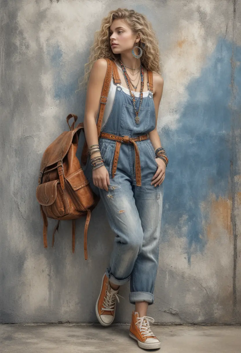 Bohemian woman in denim overalls against textured concrete wall
