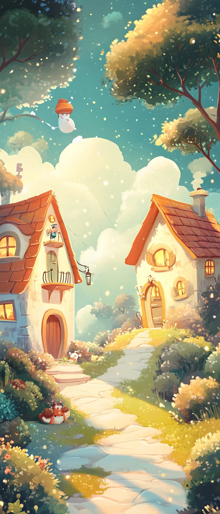 Whimsical anime childrens illustration in bright pastel colors
