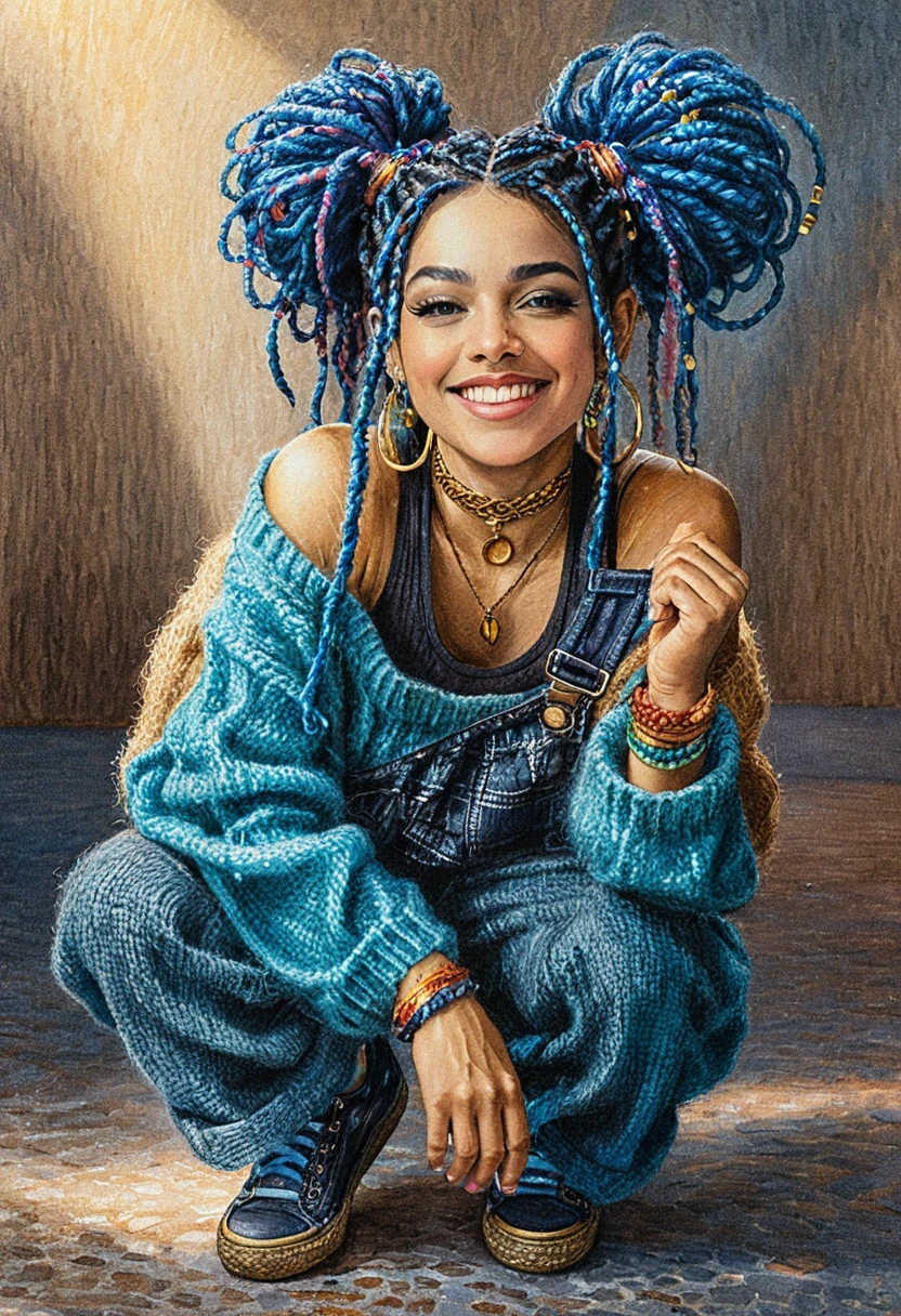 Playful girl with blue dreadlocks crouching on urban pavement