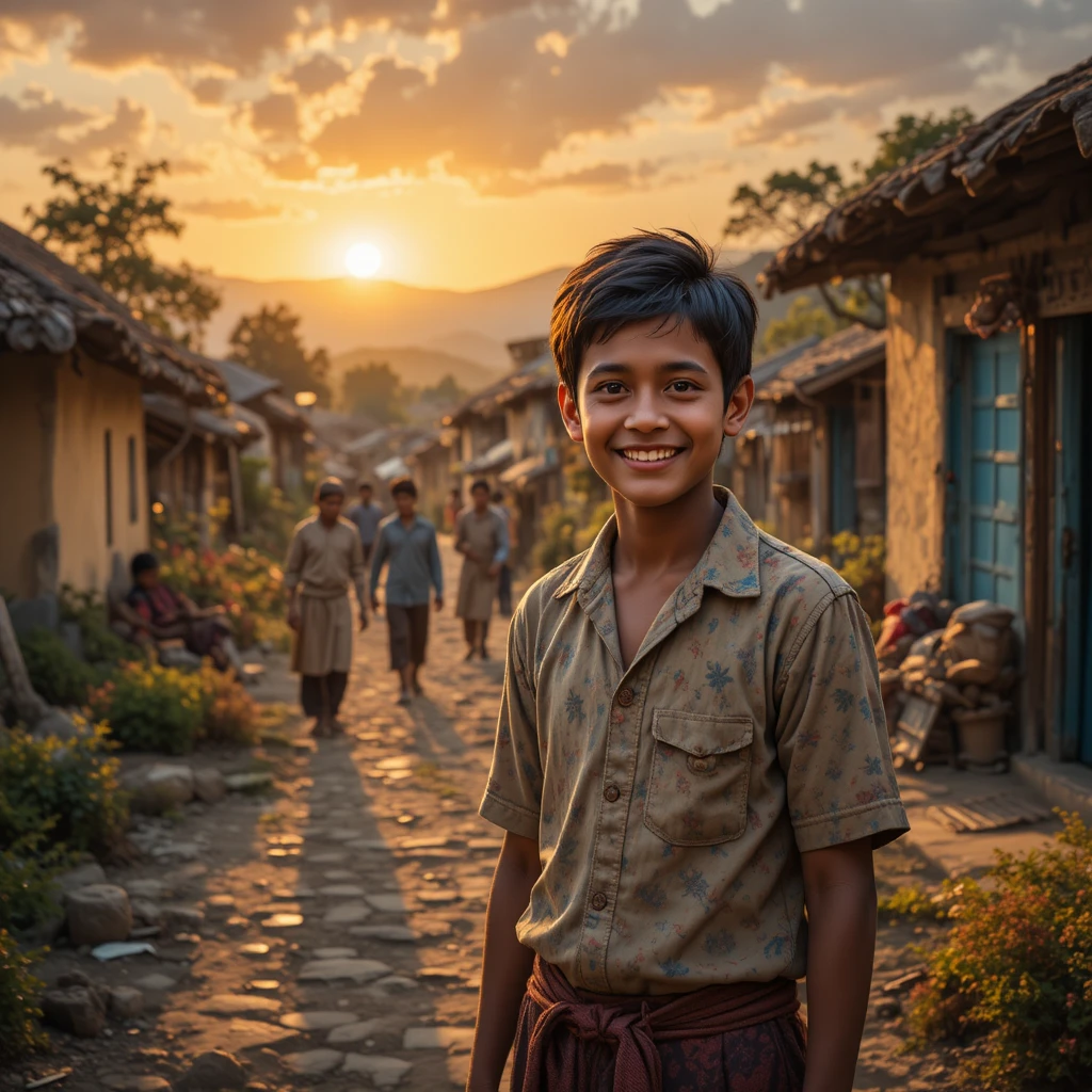 あたたかな夕暮れに地元の人を助ける元気な村の少年