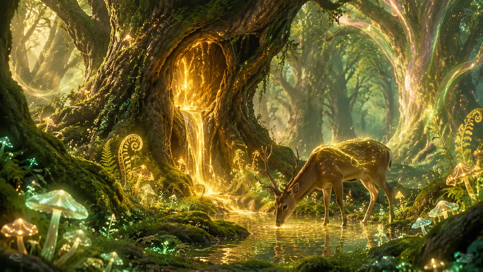 Árvore ancestral brilhante com fonte curativa em floresta de fantasia