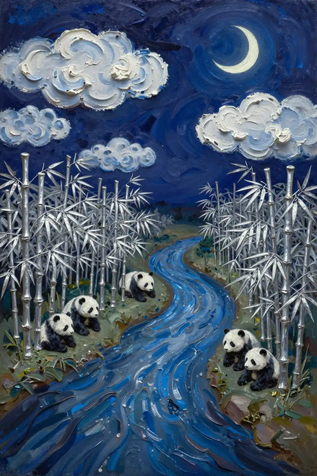 Surreal indigo river with pandas in a miniature bamboo forest