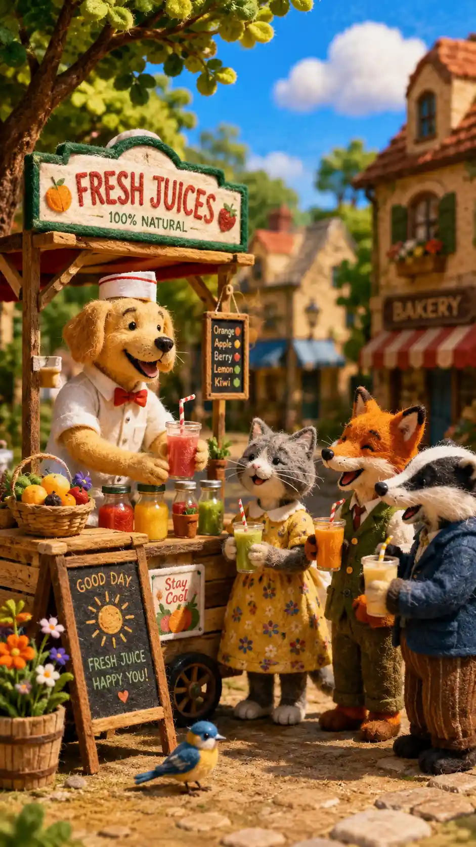 Allegri animali del villaggio che condividono succo fresco alla luce del sole