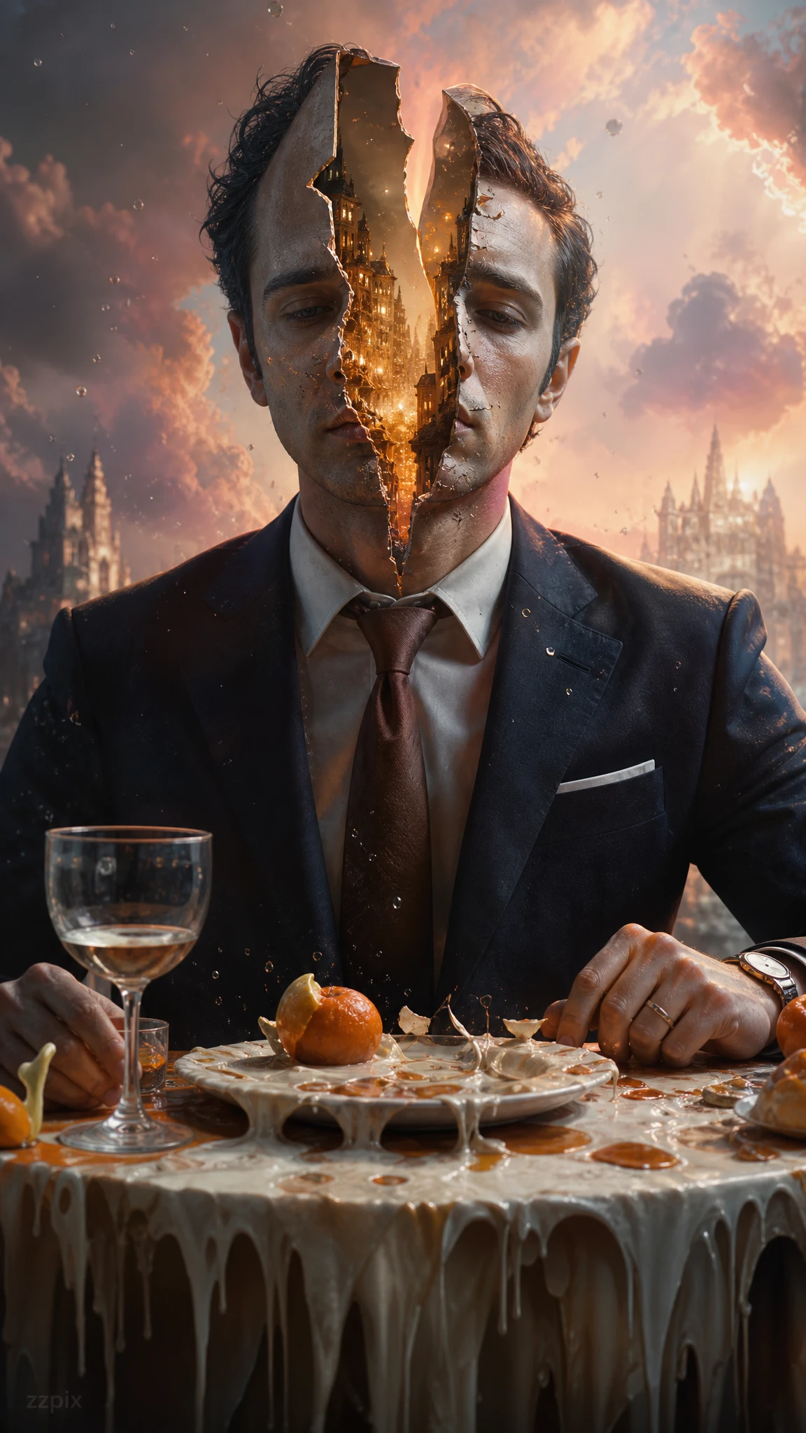 Retrato surreal de um homem de terno com uma cidade em seu interior