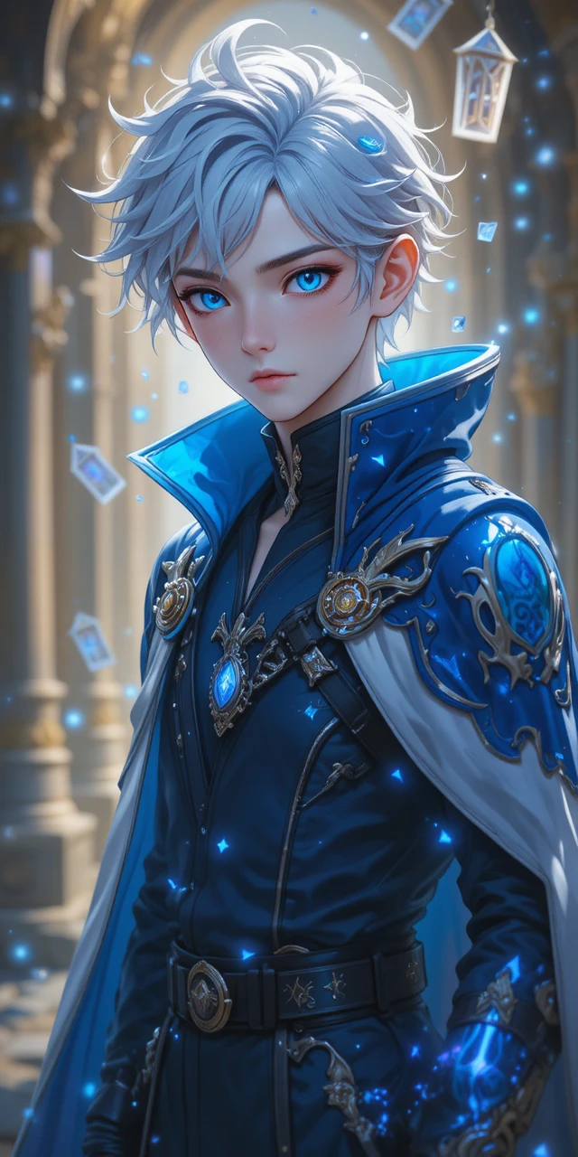 Jovem em estilo anime com portais eliátrope brilhantes e capa
