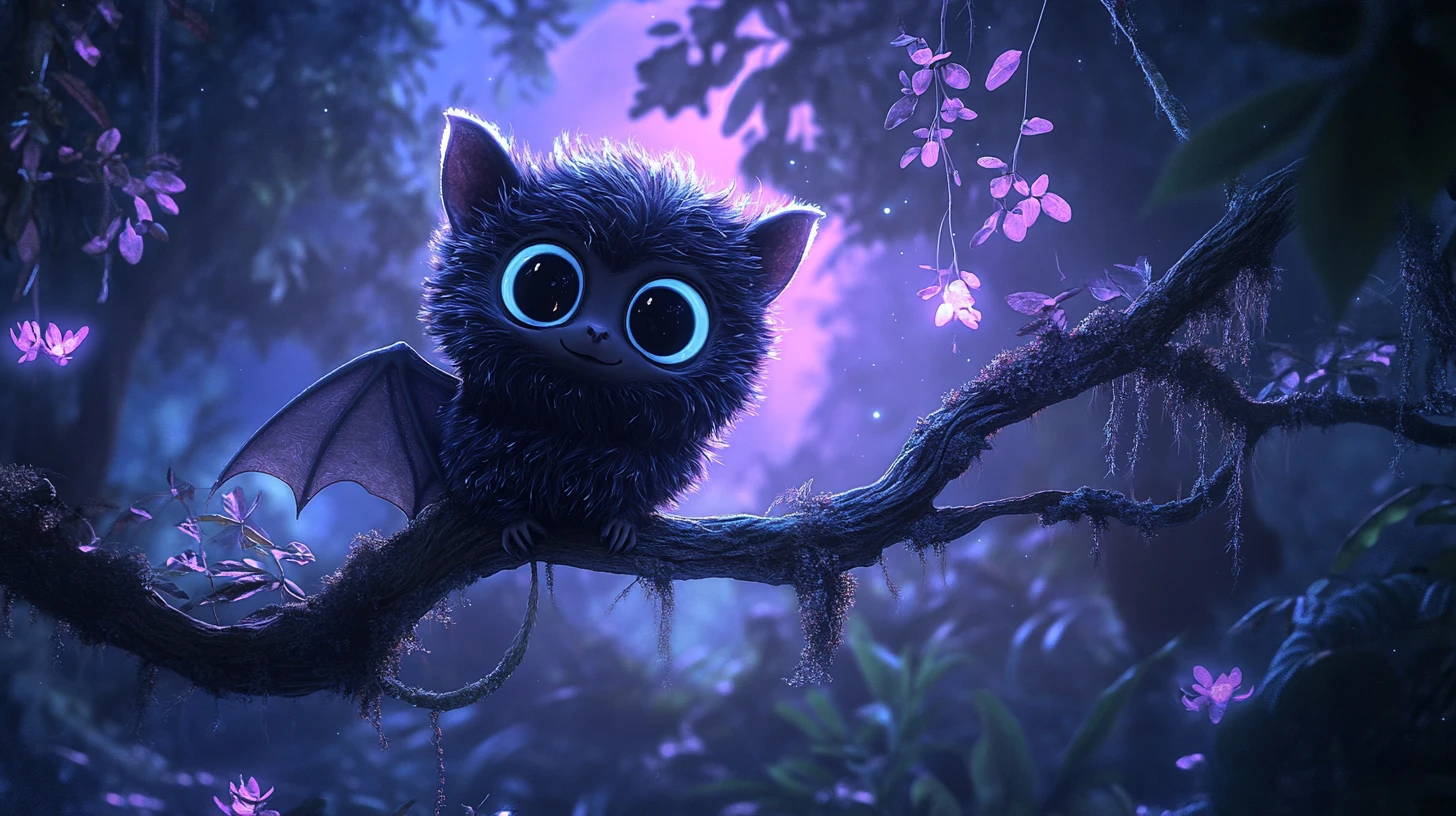 Cute fluffy bat on glowing branch in enchanted forest