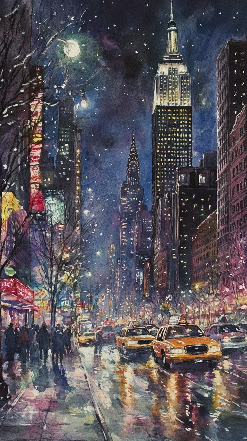 Cena de rua noturna em Nova York em aquarela