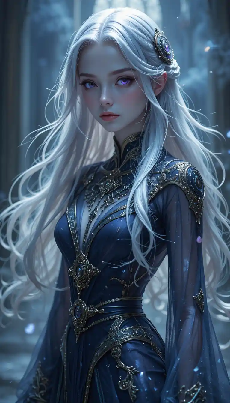 Fille d’anime éthérée aux cheveux argentés et à l’aura spectrale d’horloge