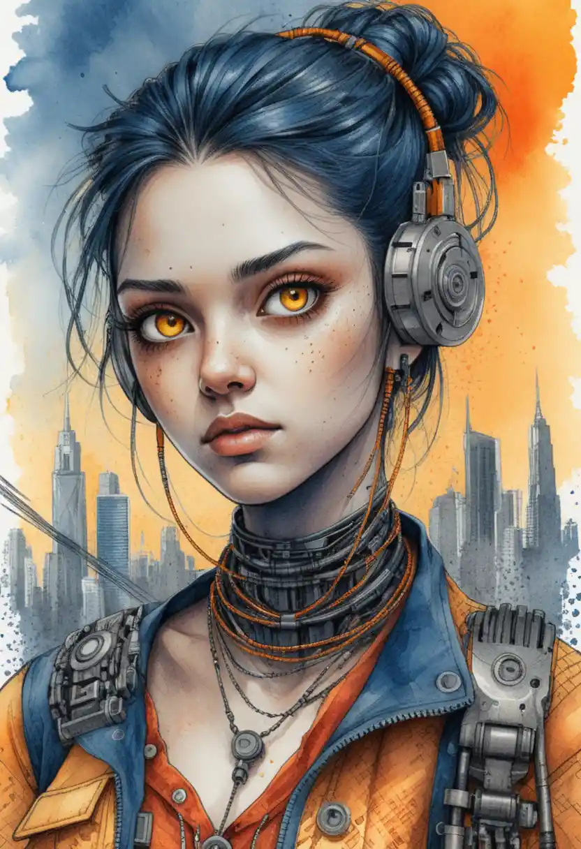 Cyberpunk woman portrait in comic ink and colored pencil