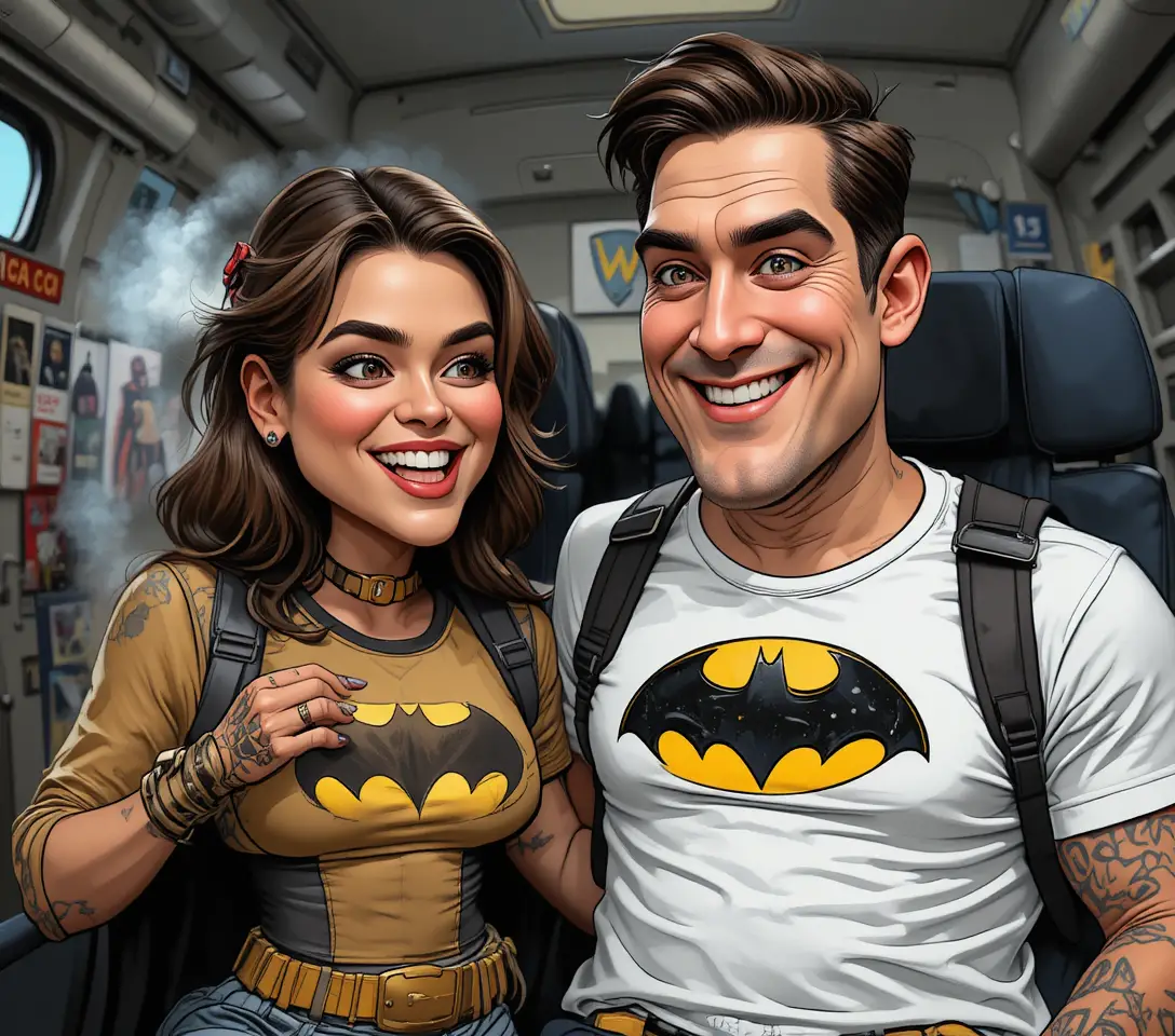 コウモリ柄のTシャツを着た男性と飛行機で旅するカップル