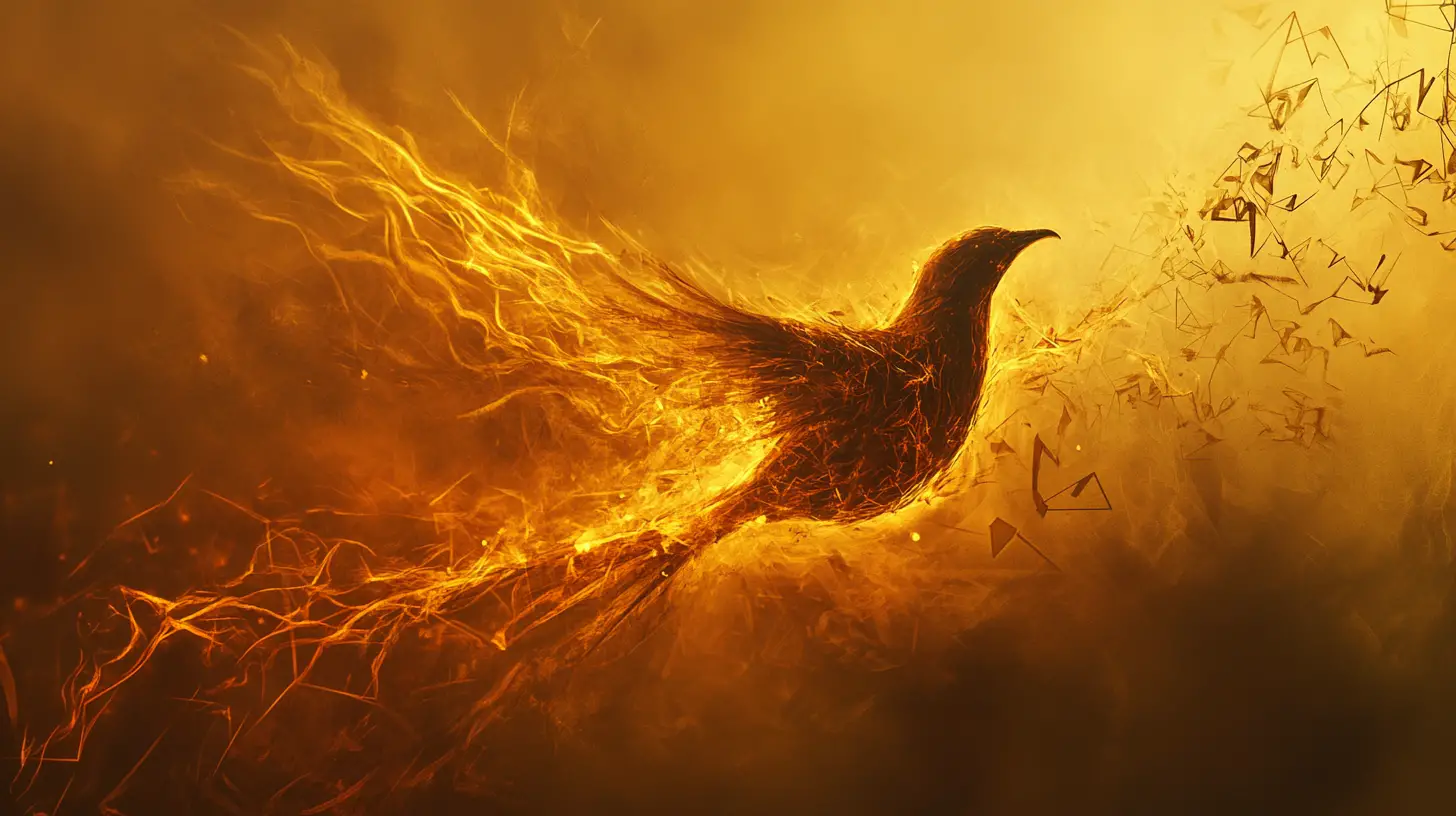 Uccello mitico che si trasforma in silhouette di luce fluente