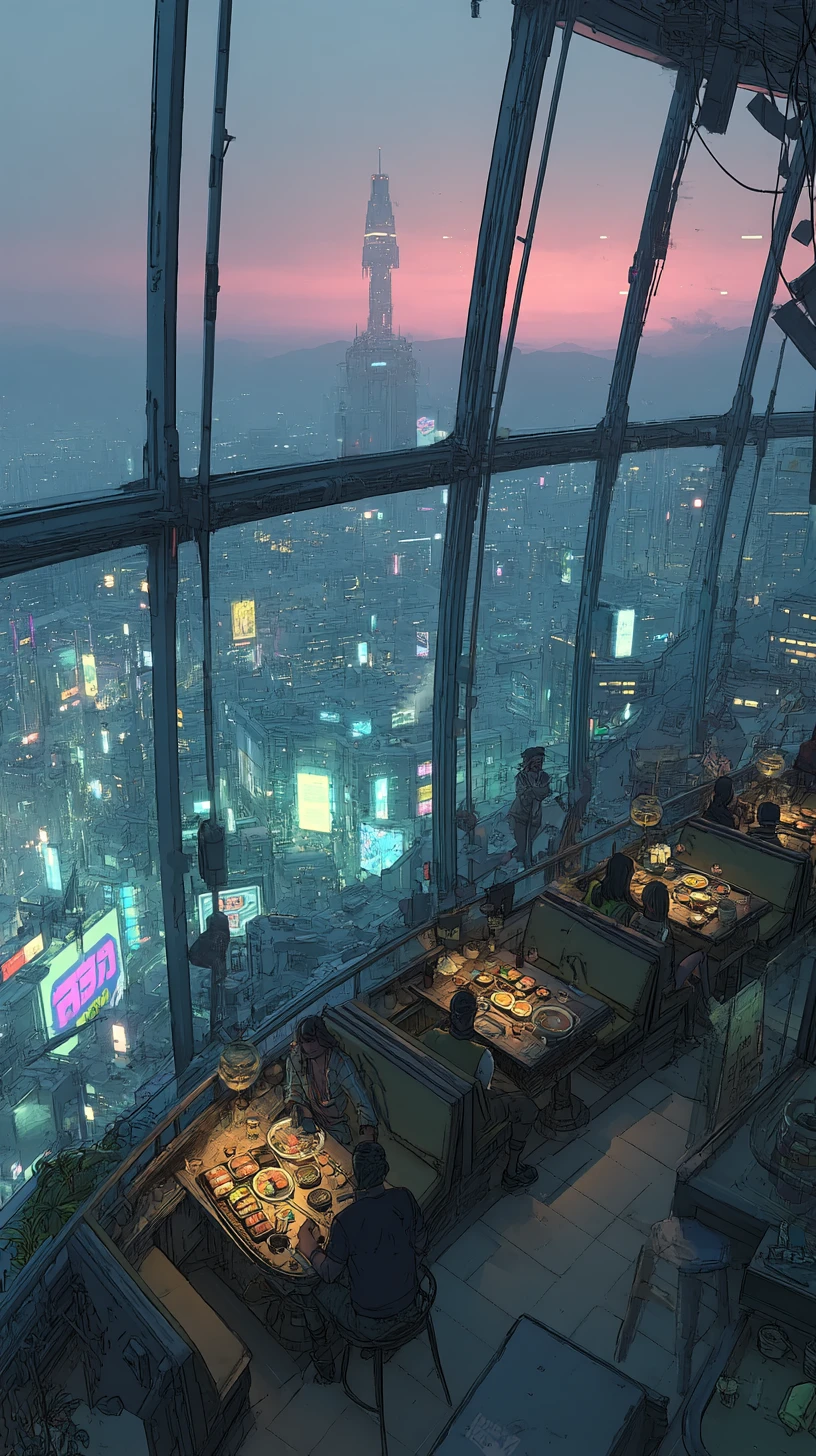 Casal futurista jantando em restaurante cyberpunk iluminado por néon