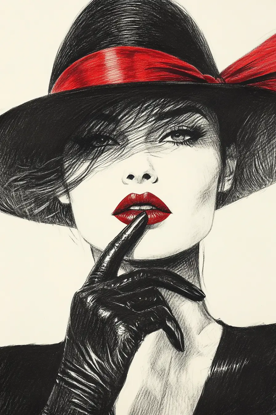 Woman in bowler hat with red glove covering one eye