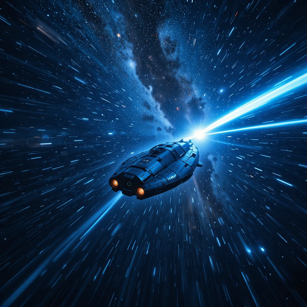 Nave espacial corriendo por la Vía Láctea con estelas de luz azul