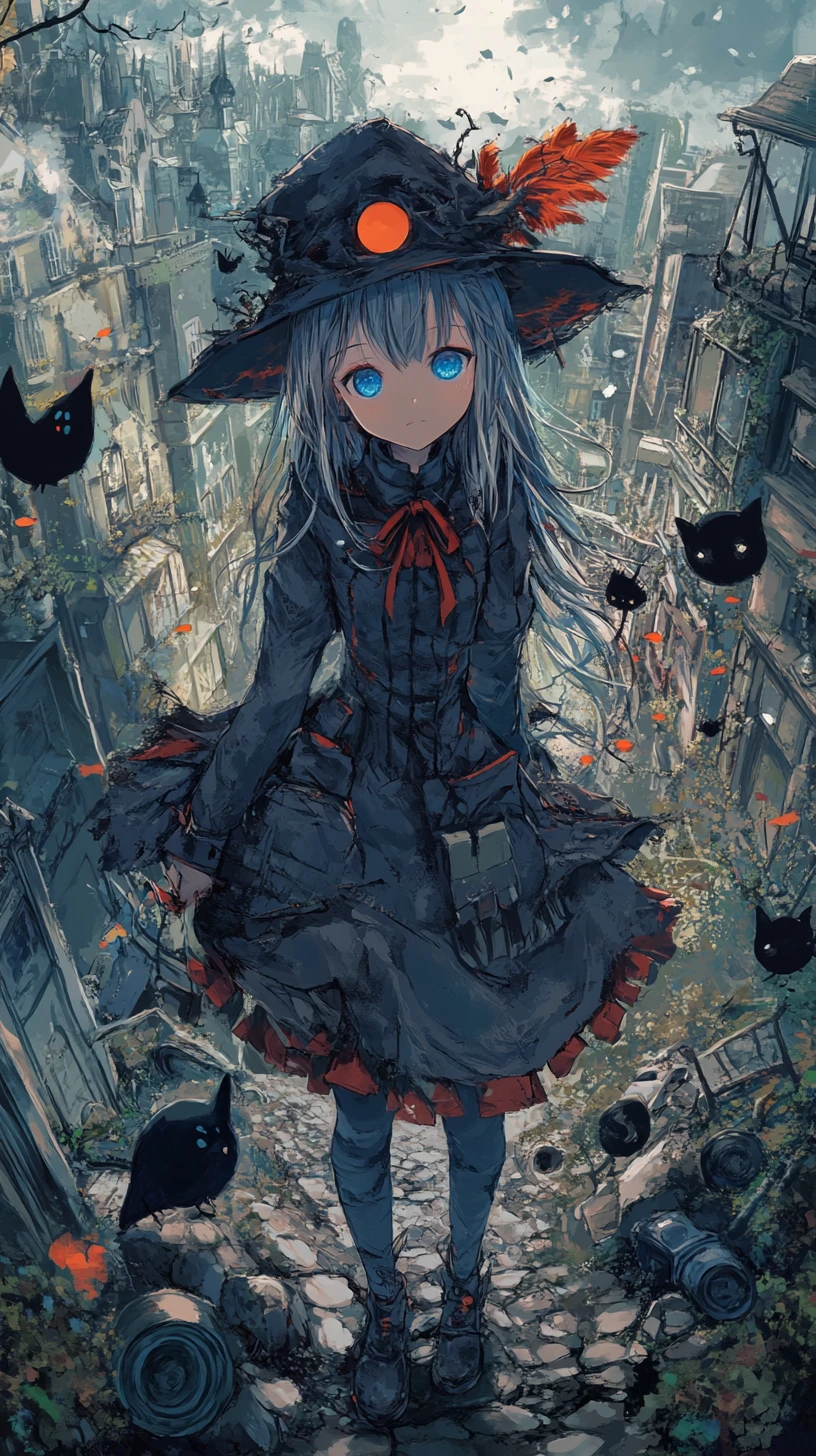 Mundo onírico anime sombrio com fantasmas e um gato preto