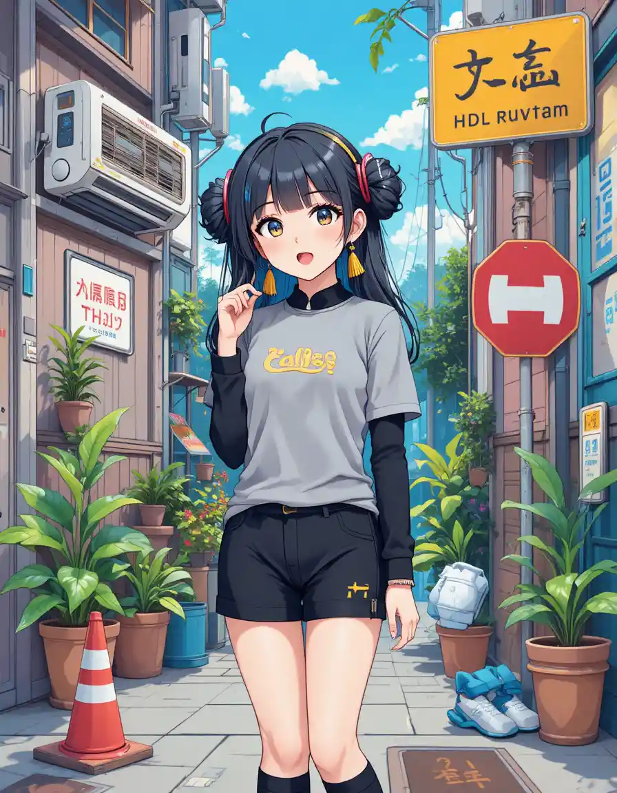Chica de anime con ropa casual en una habitación sencilla