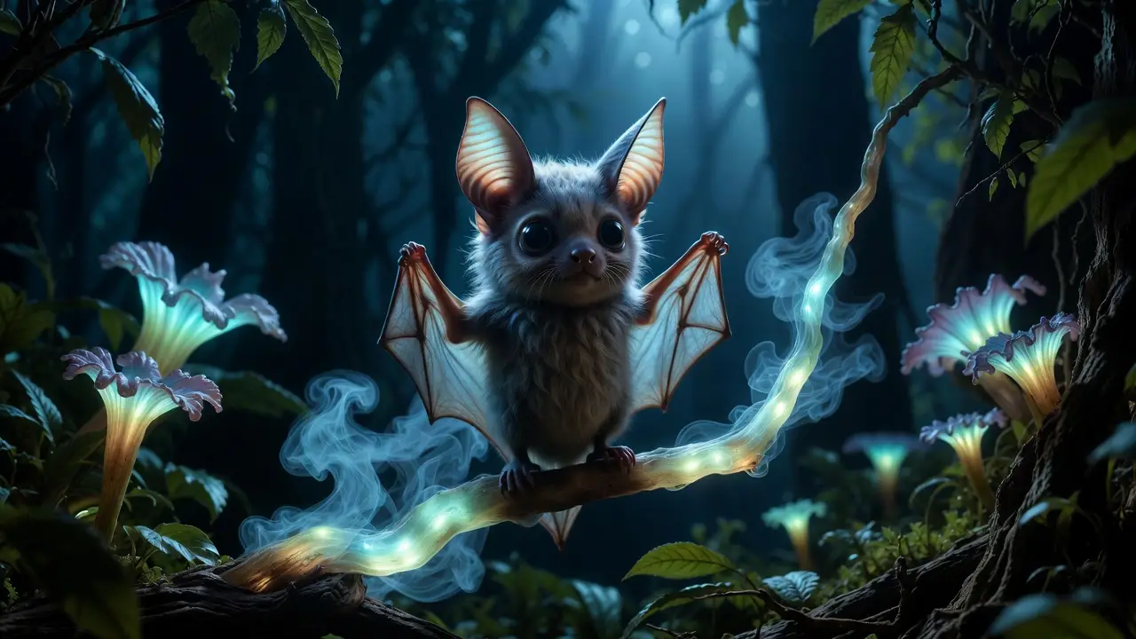 魔法の暗い森で光る枝にとまるかわいいコウモリ