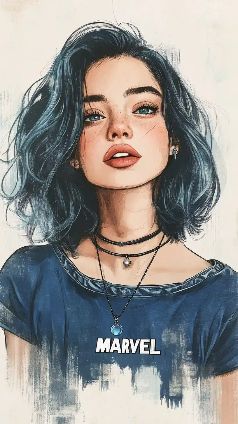Color pencil portrait of a silver haired freckled girl