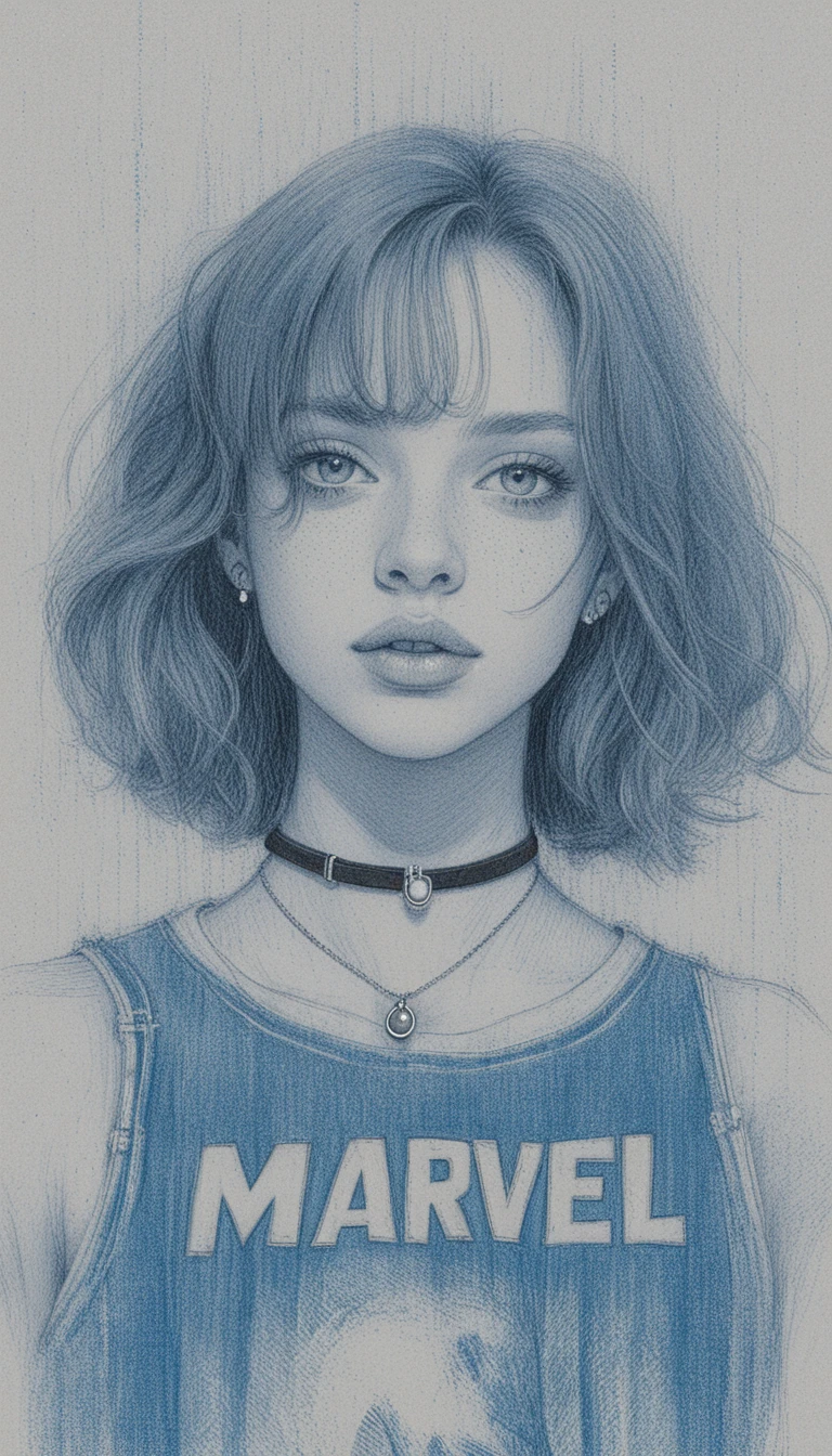 Colored pencil portrait of silver haired girl with jewelry