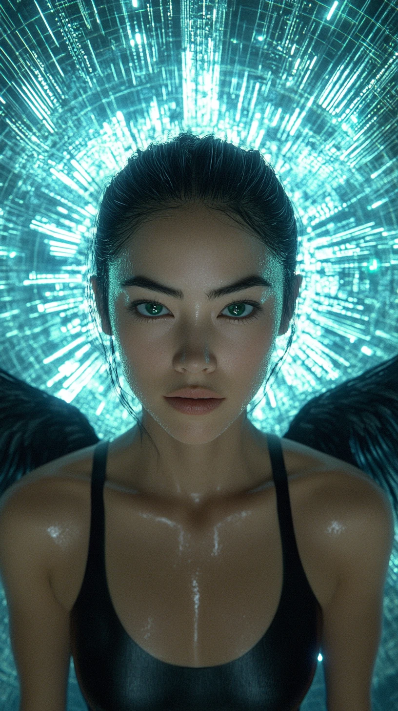 Mulher etérea com auréola cyberpunk e asas de anjo negras