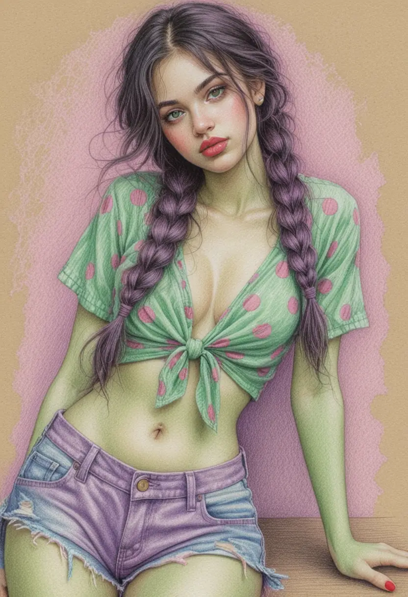Colored pencil portrait of a girl with braids and denim shorts