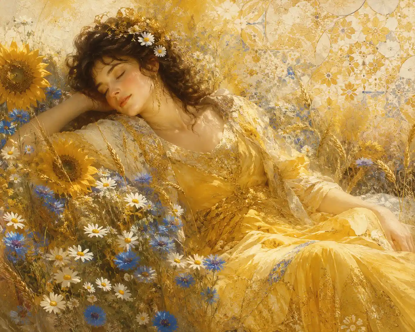 Dreamy girl in yellow dress lying in sunflower field
