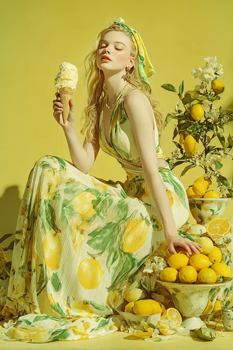 Girl in lemon dress enjoying summer breeze with gelato