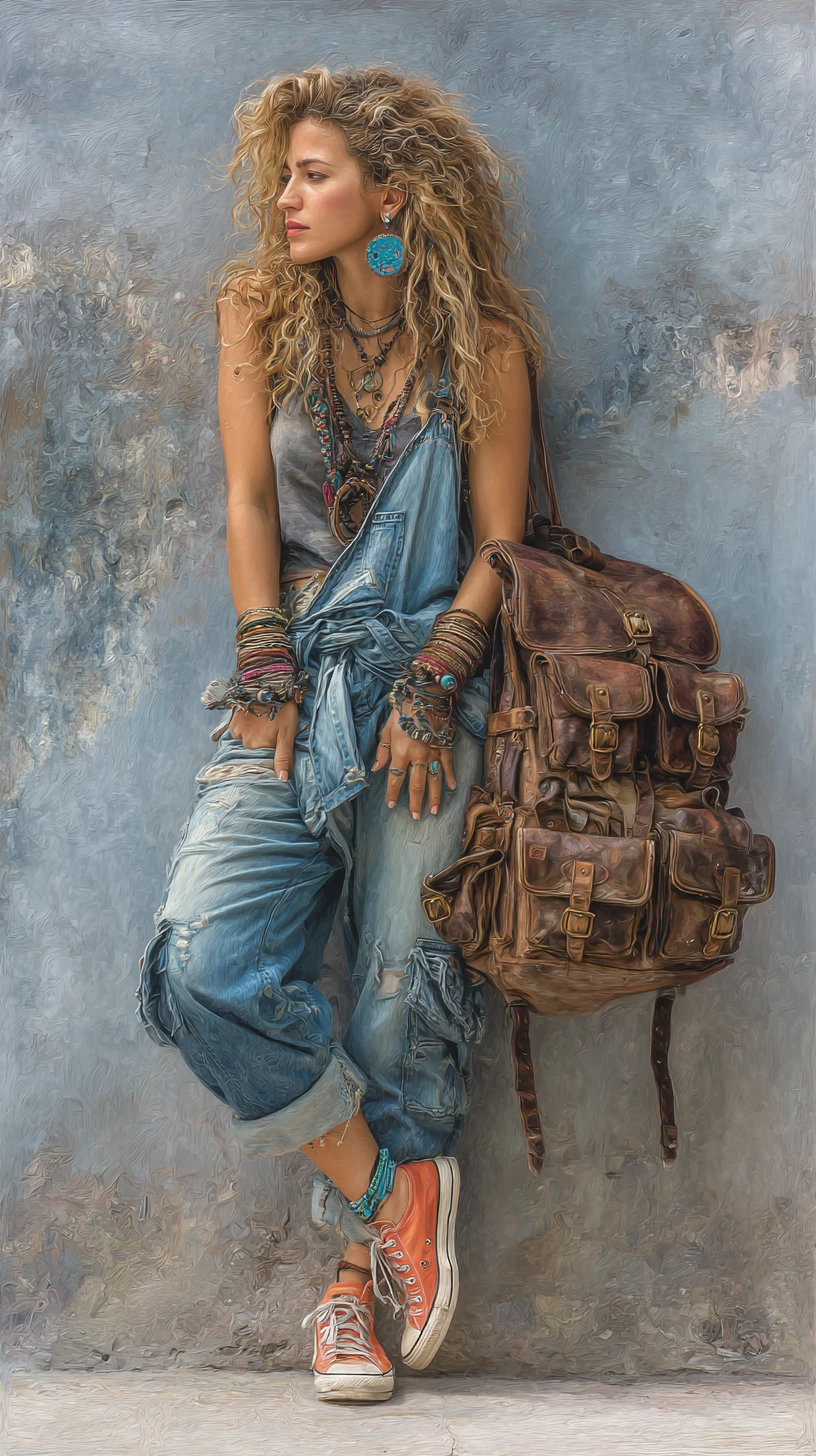 Bohemian woman in denim overalls against concrete wall